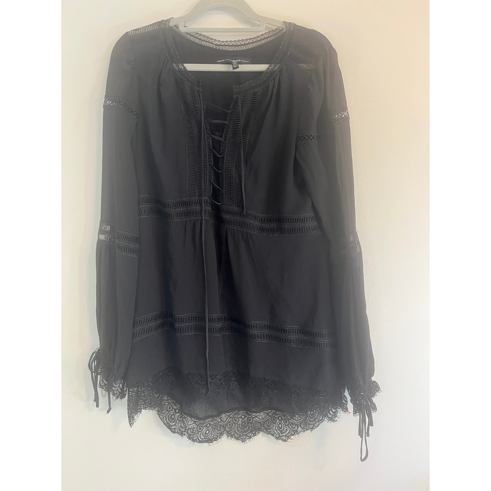 White House Black Market Black Lace Trim Boho Blouse 8 570198389